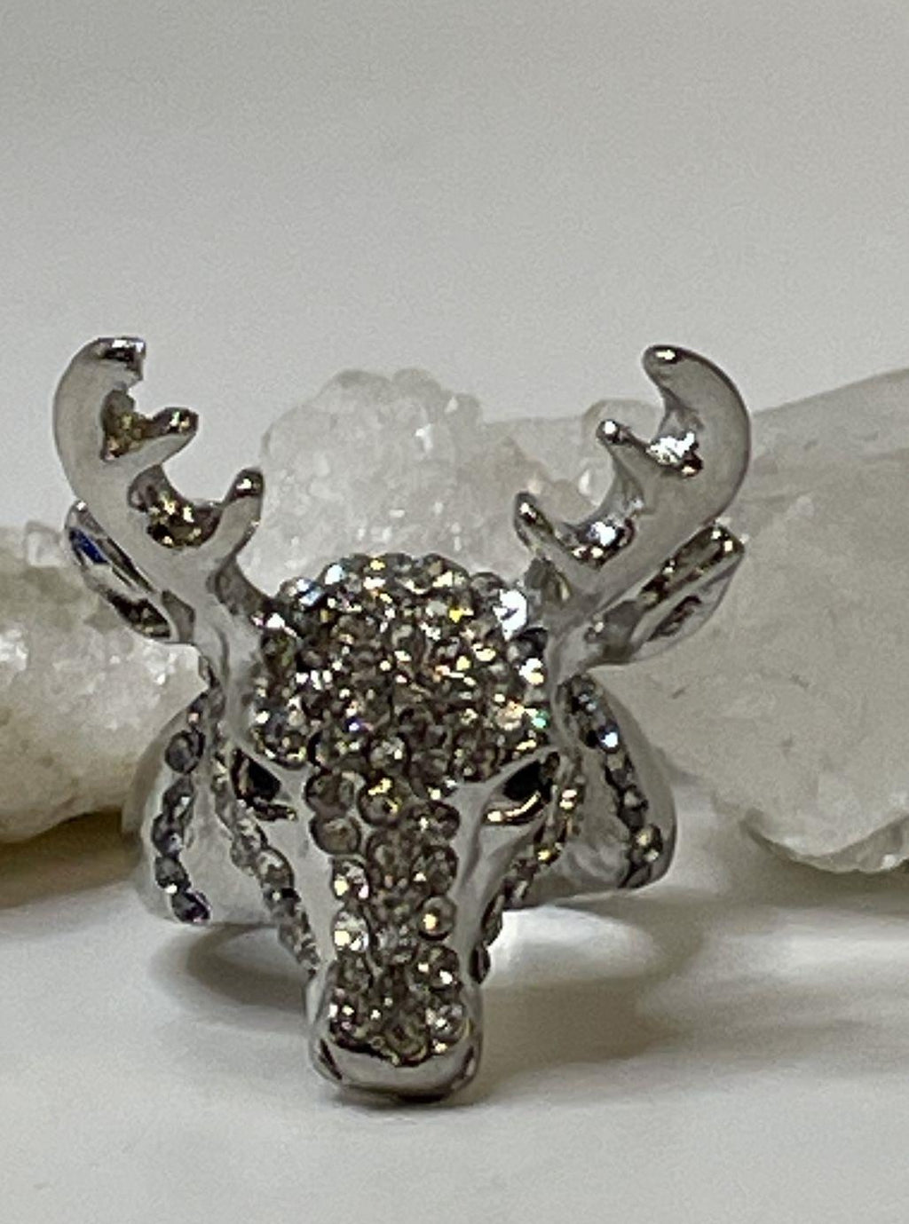 Silver Tone Chunky Icy Reindeer Fashion Ring 16.3g