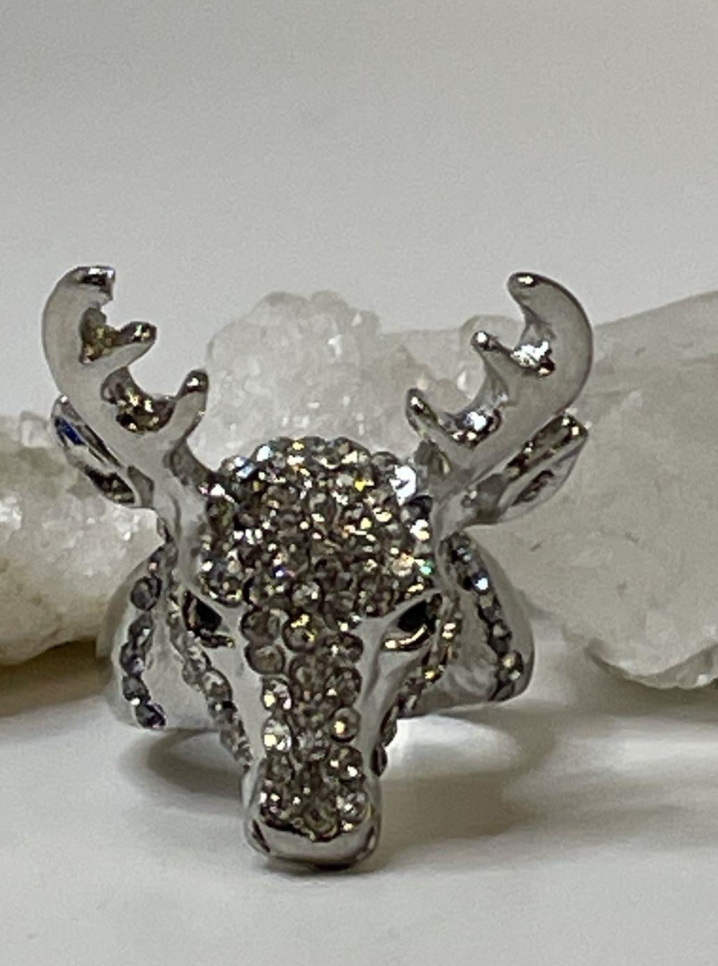 Silver Tone Chunky Icy Reindeer Fashion Ring 16.3g