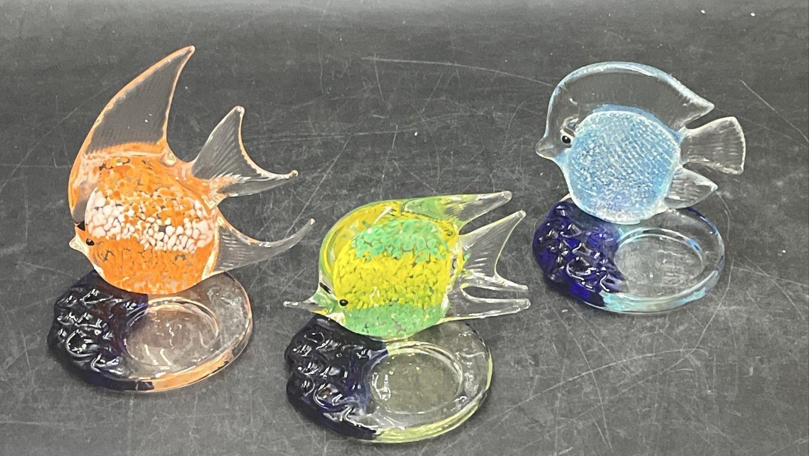 Vintage Hand Blown Art Glass Fish Tea Light Candle Holder Lot 3 Piece Set