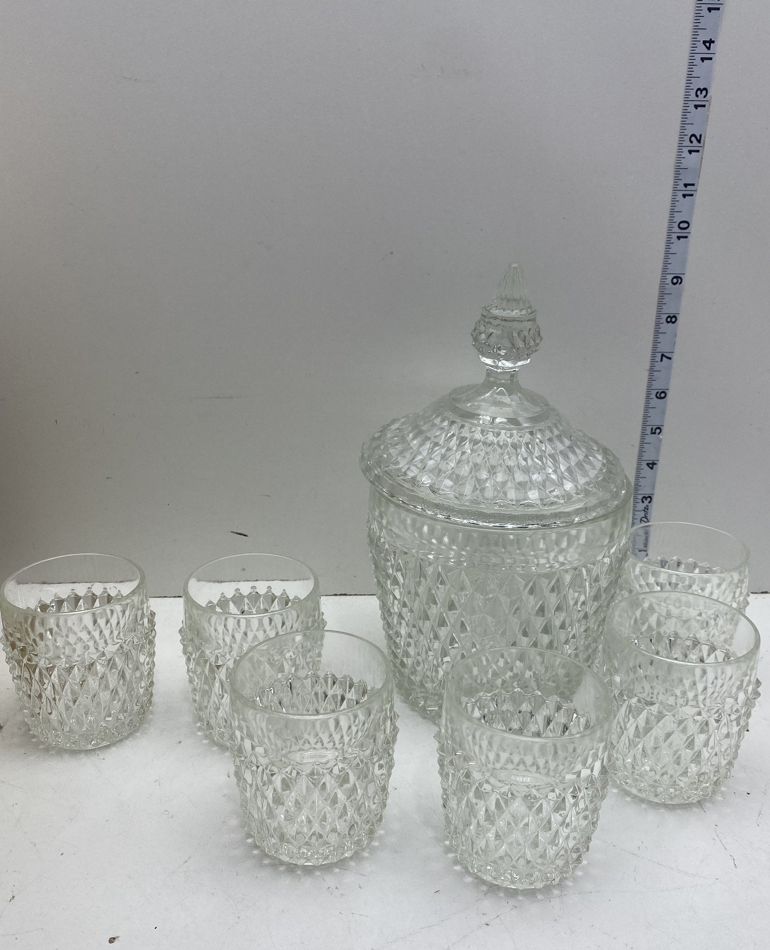 Indiana Glass Diamond Point 8-Piece Punch Set Clear Glass Vintage