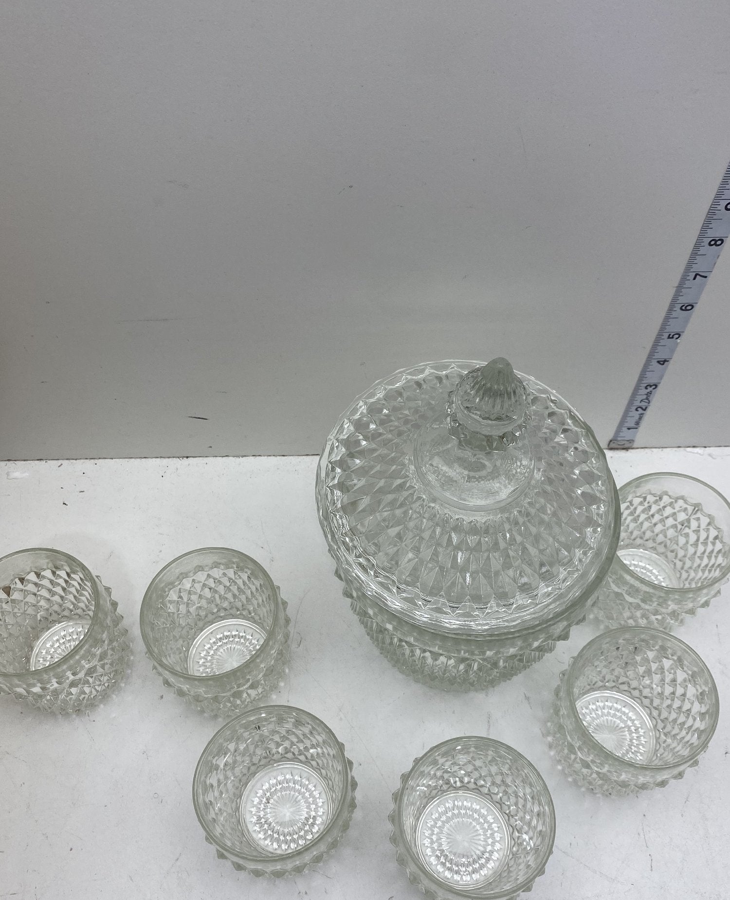 Indiana Glass Diamond Point 8-Piece Punch Set Clear Glass Vintage