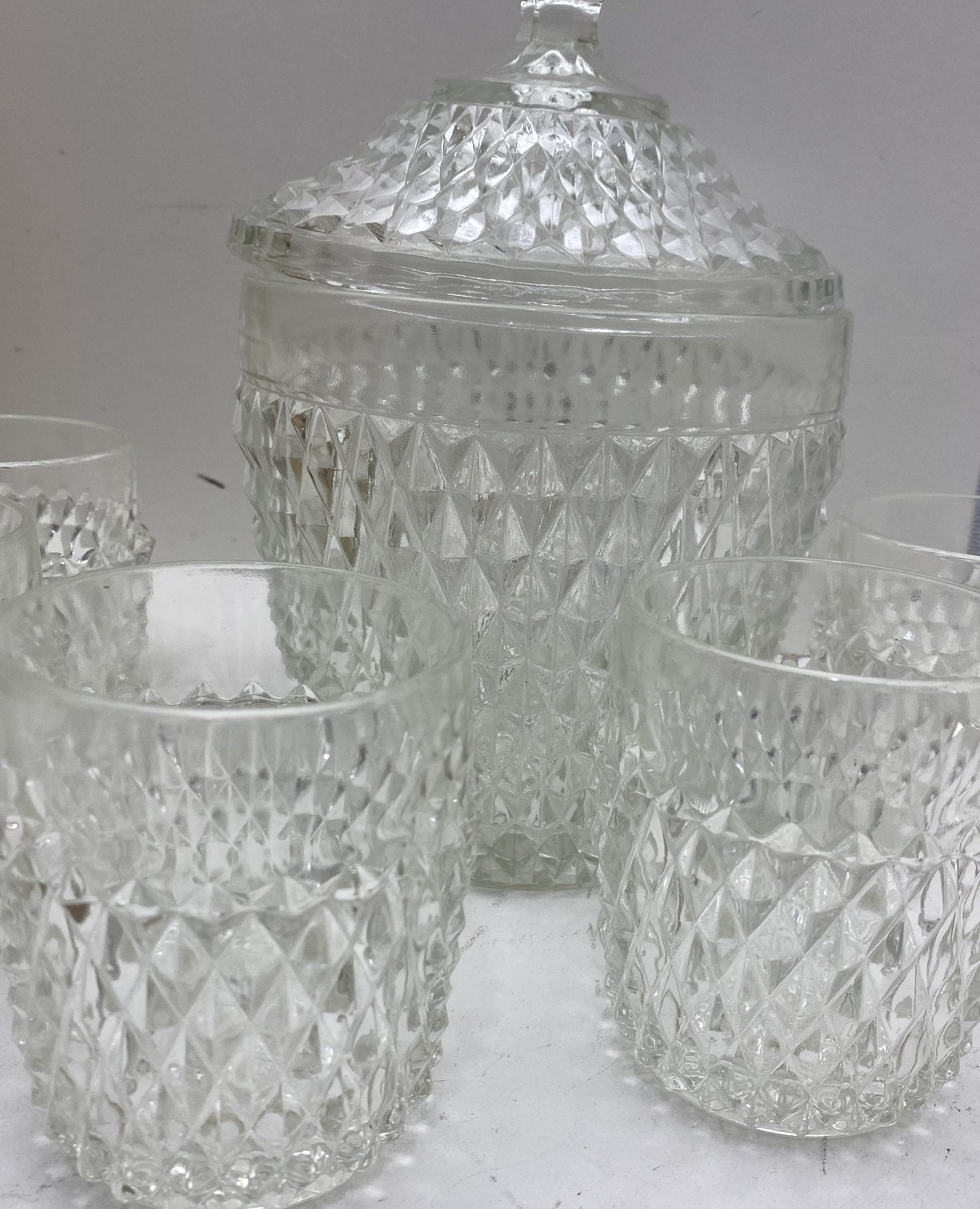 Indiana Glass Diamond Point 8-Piece Punch Set Clear Glass Vintage