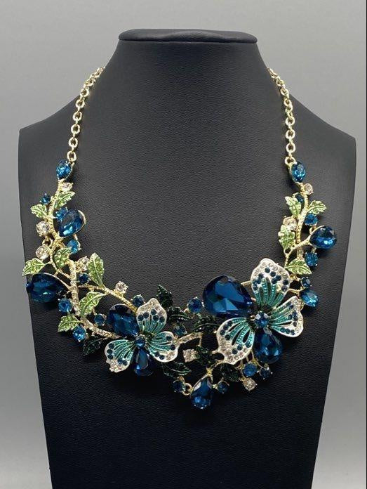 Blue Rhinestone Floral Gold-Tone Event Necklace