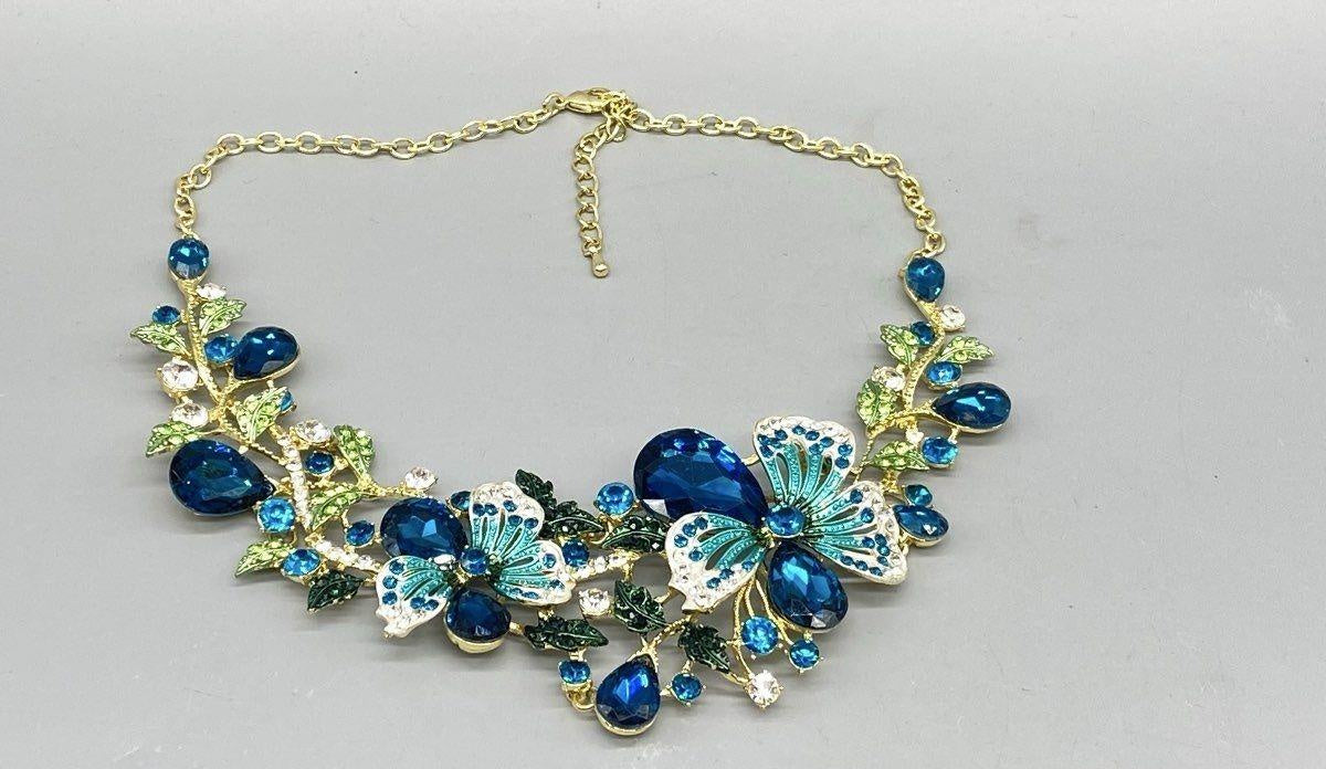 Blue Rhinestone Floral Gold-Tone Event Necklace