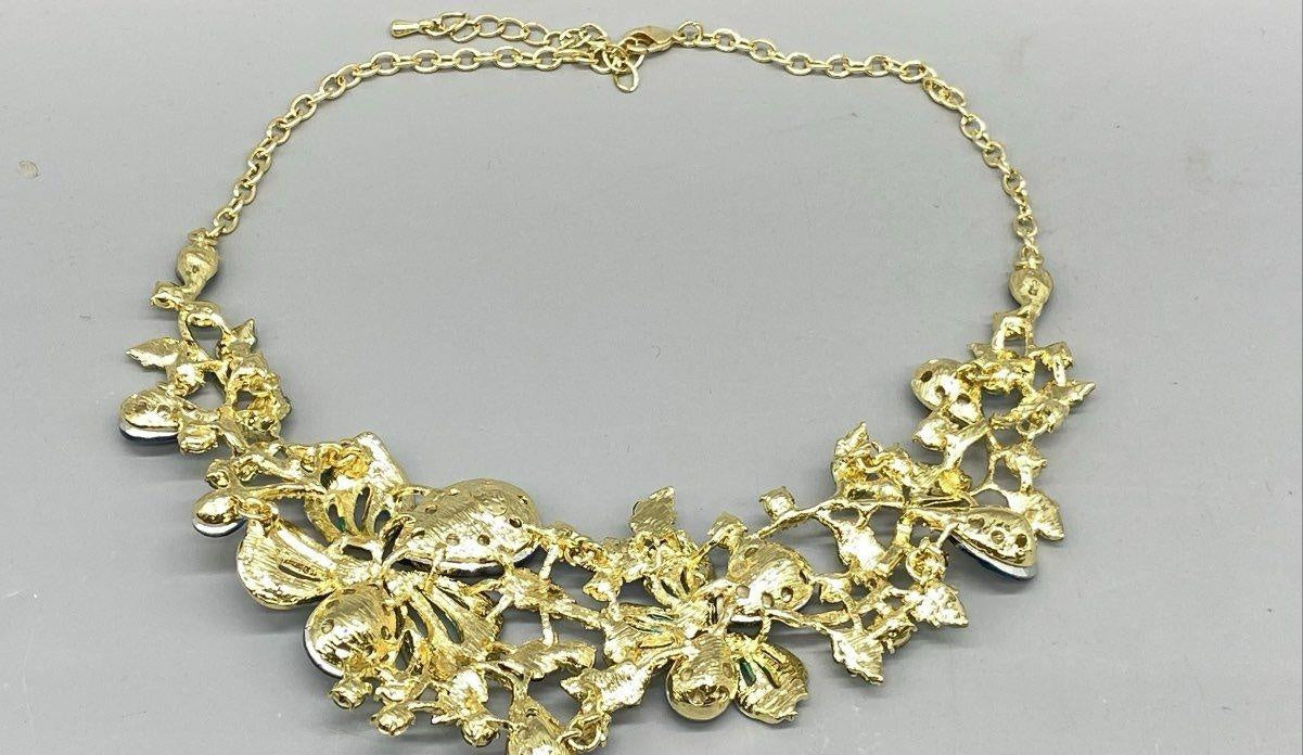 Blue Rhinestone Floral Gold-Tone Event Necklace
