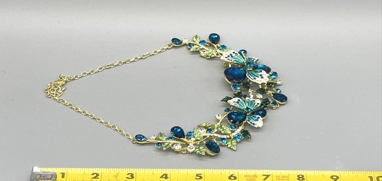 Blue Rhinestone Floral Gold-Tone Event Necklace