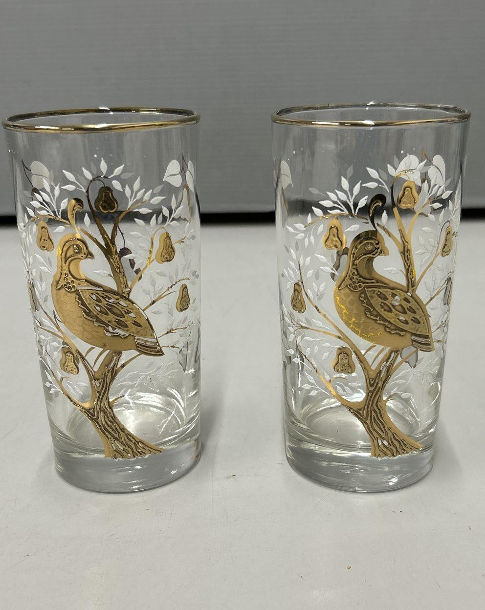 Culver Partridge in a Pear Tree Gold Overlay Tumbler Set of 2 Vintage