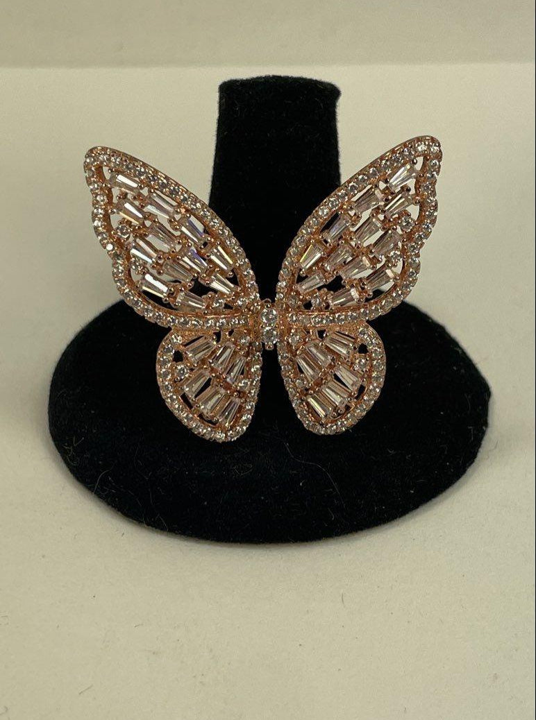 Rose Gold Tone 925 Sterling FZN Clear Glass Gems Filigree Butterfly Ring 8.13g