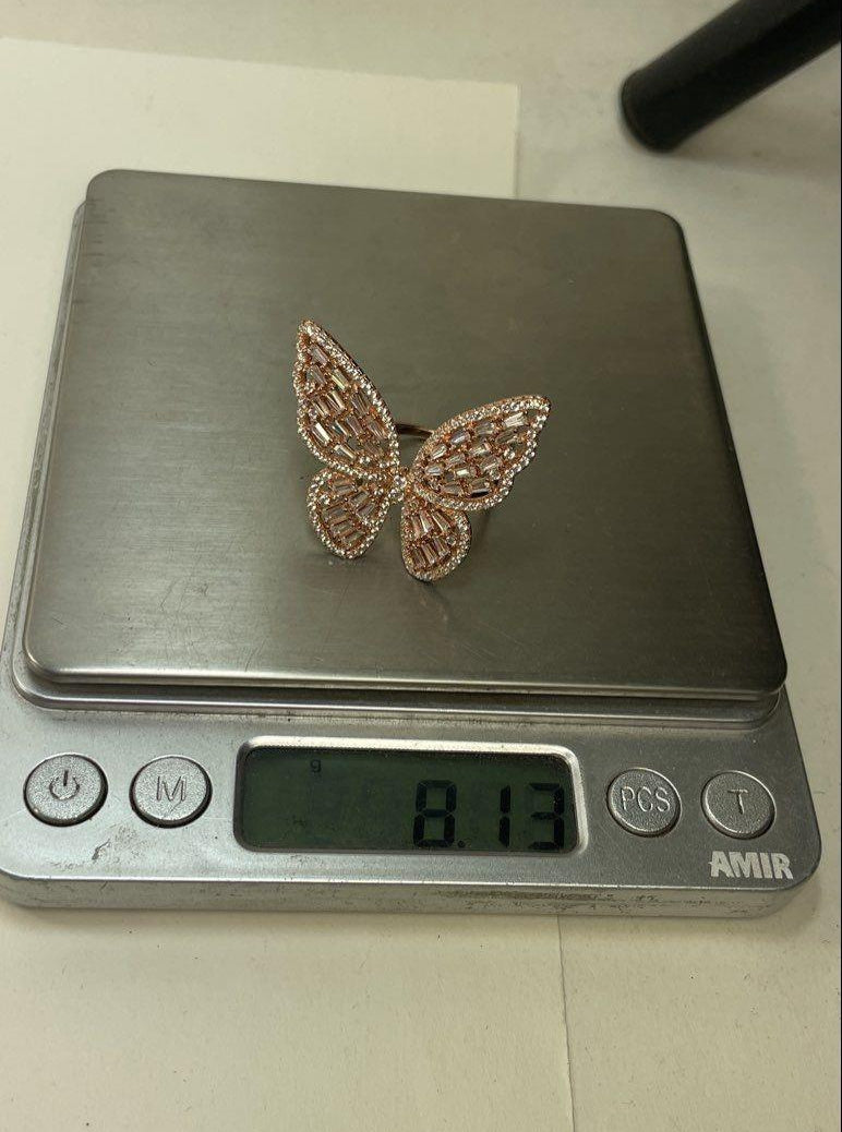 Rose Gold Tone 925 Sterling FZN Clear Glass Gems Filigree Butterfly Ring 8.13g
