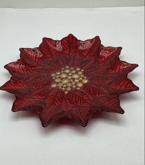 Turkish Glass Red Poinsettia Serving Tray, 12.75 In