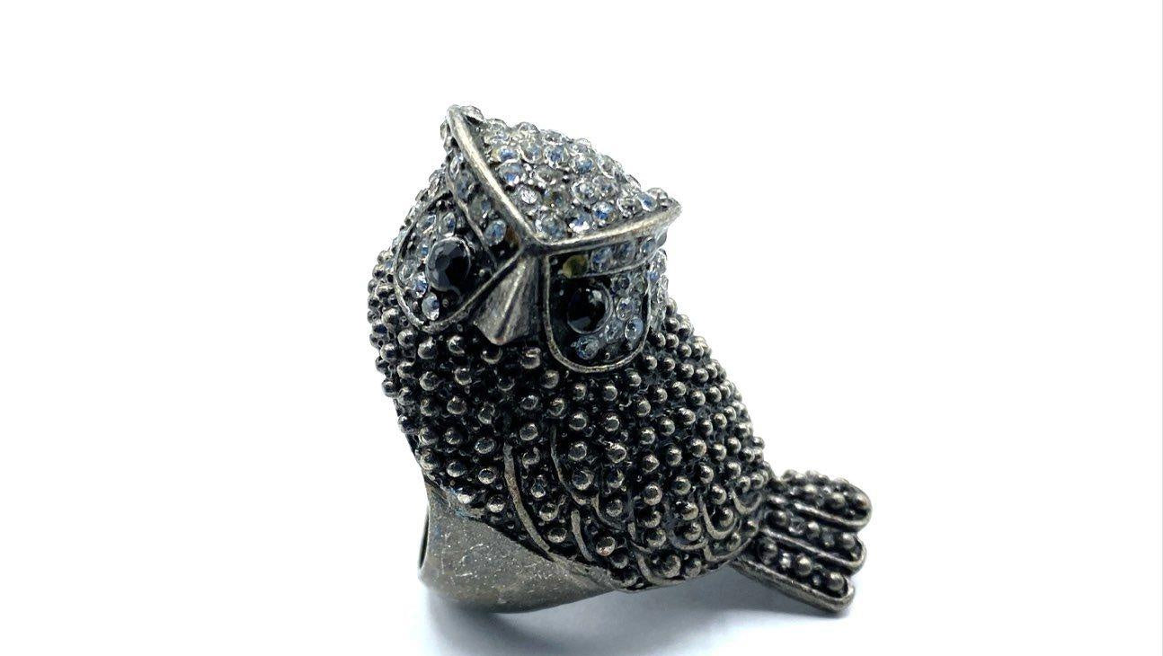 Silver-Tone Rhinestone Owl Cocktail Ring Size 6