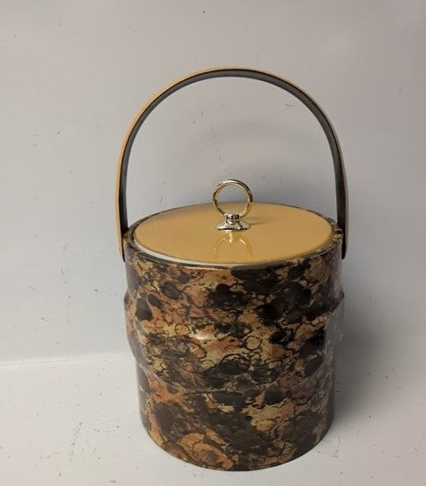 Vintage Mid-Century Modern Marbled Ice Bucket Yellow Lid Chrome Handle
