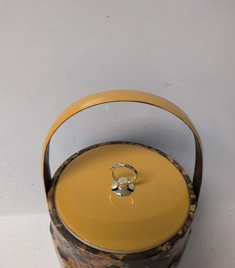Vintage Mid-Century Modern Marbled Ice Bucket Yellow Lid Chrome Handle