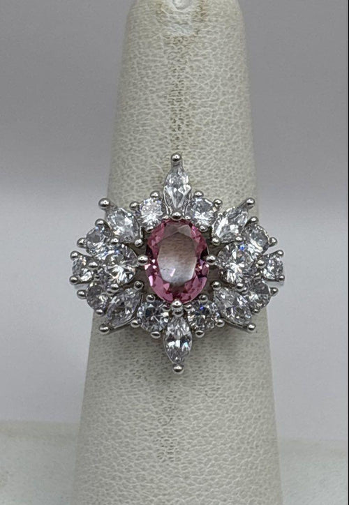 Bomb Party The Scarlett Ring Rhodium Plated Pink Lab Tourmaline Cluster Size 7