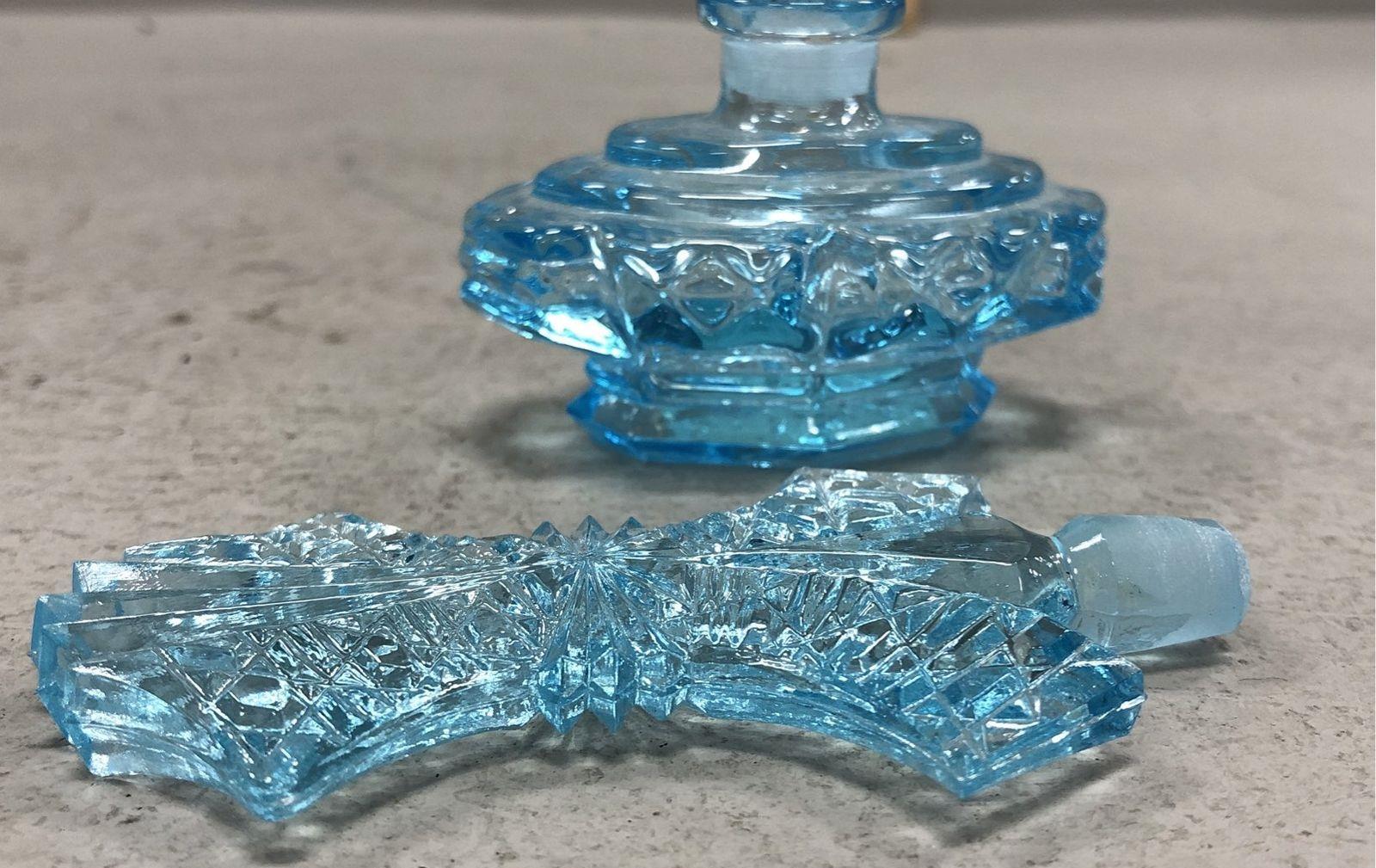 Pressed Glass Perfume Bottle Light Blue Ornate Diamond Pattern Fan Stopper