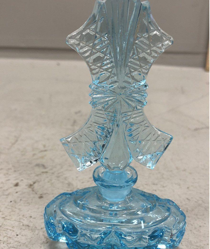 Pressed Glass Perfume Bottle Light Blue Ornate Diamond Pattern Fan Stopper