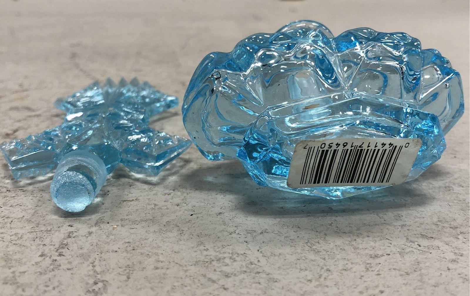 Pressed Glass Perfume Bottle Light Blue Ornate Diamond Pattern Fan Stopper