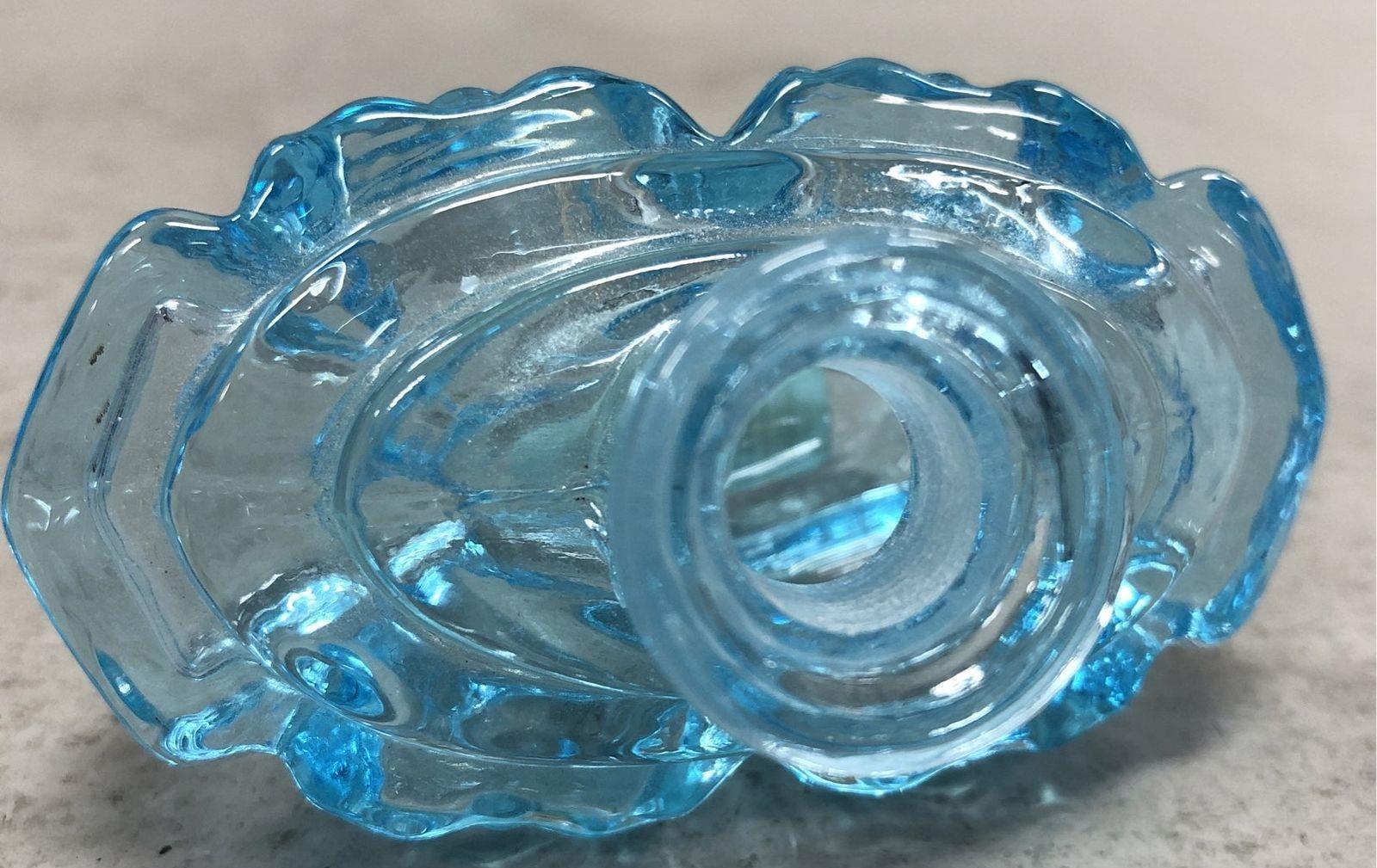 Pressed Glass Perfume Bottle Light Blue Ornate Diamond Pattern Fan Stopper