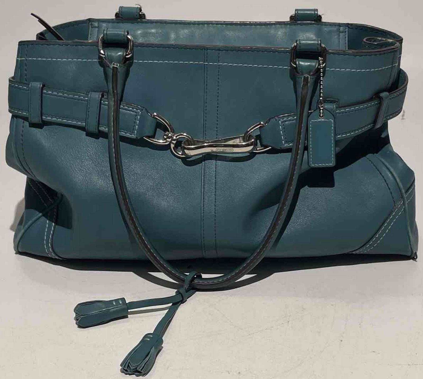 Coach Teal Leather Shoulder Bag with Silver Hardware and Tasseled Straps