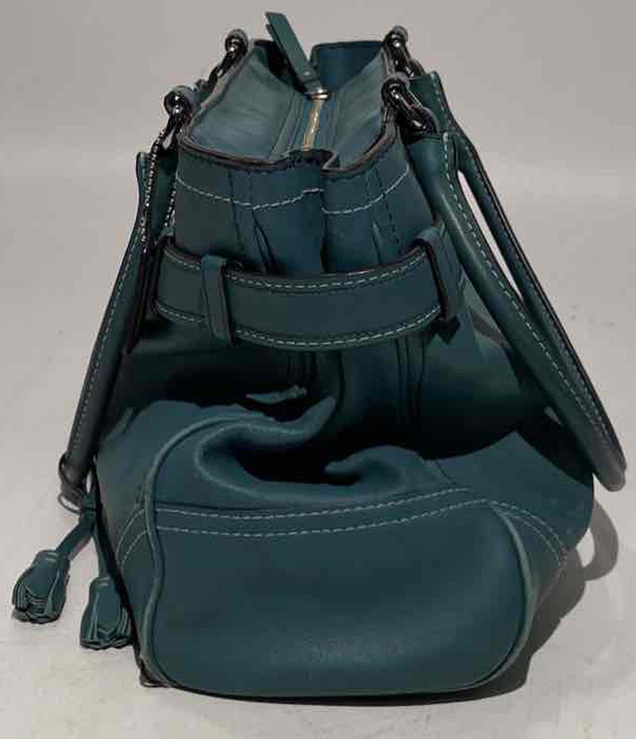 Coach Teal Leather Shoulder Bag with Silver Hardware and Tasseled Straps