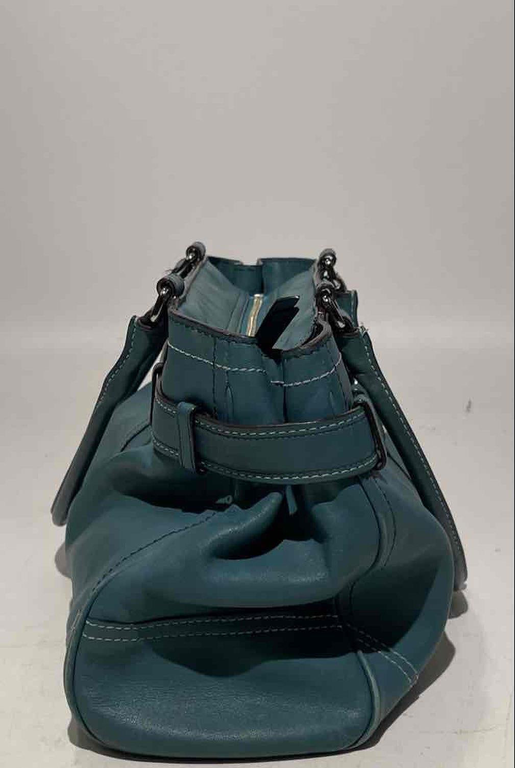 Coach Teal Leather Shoulder Bag with Silver Hardware and Tasseled Straps