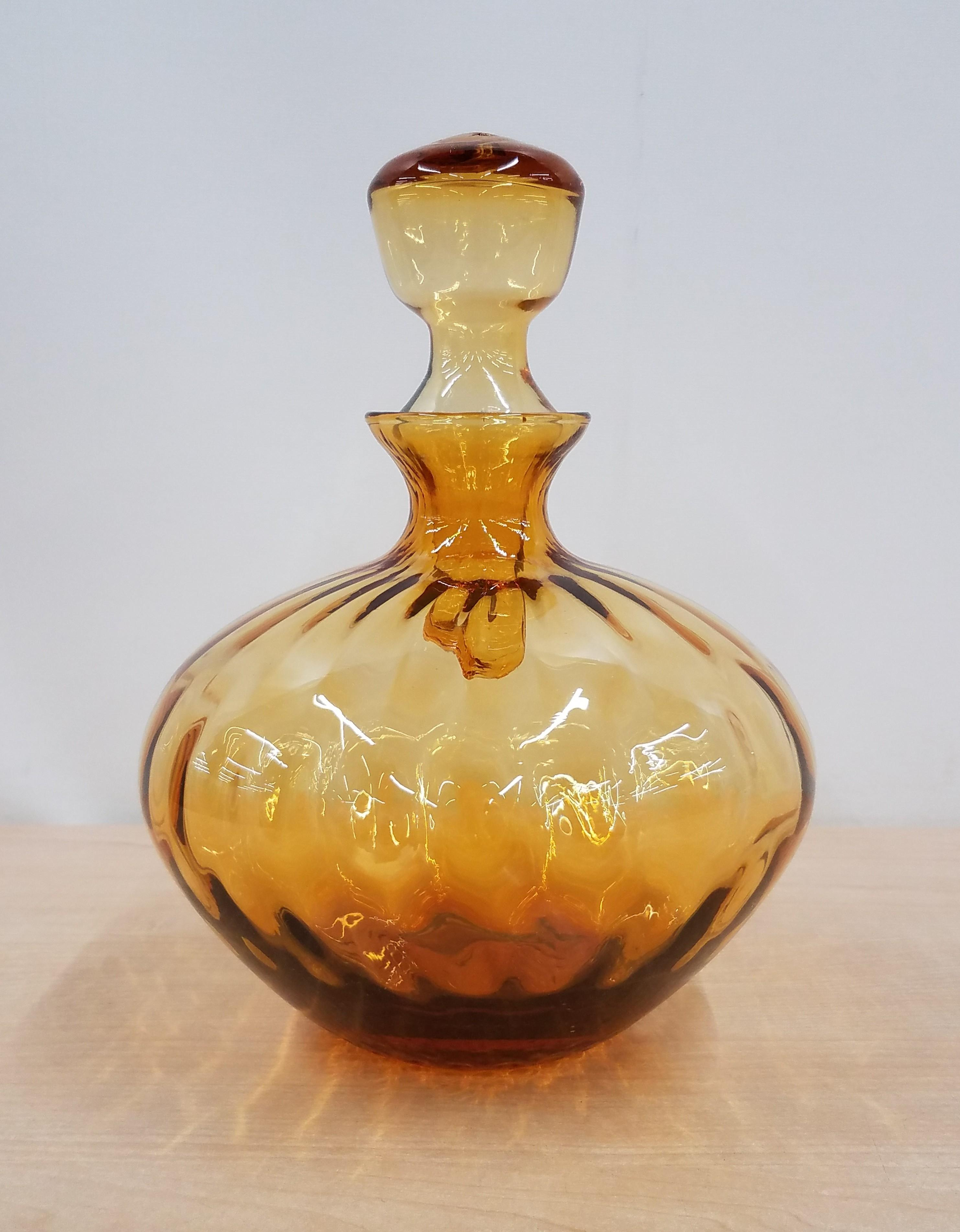 11" Tall Hand Blown Amber Glass Decanter w/ Stopper