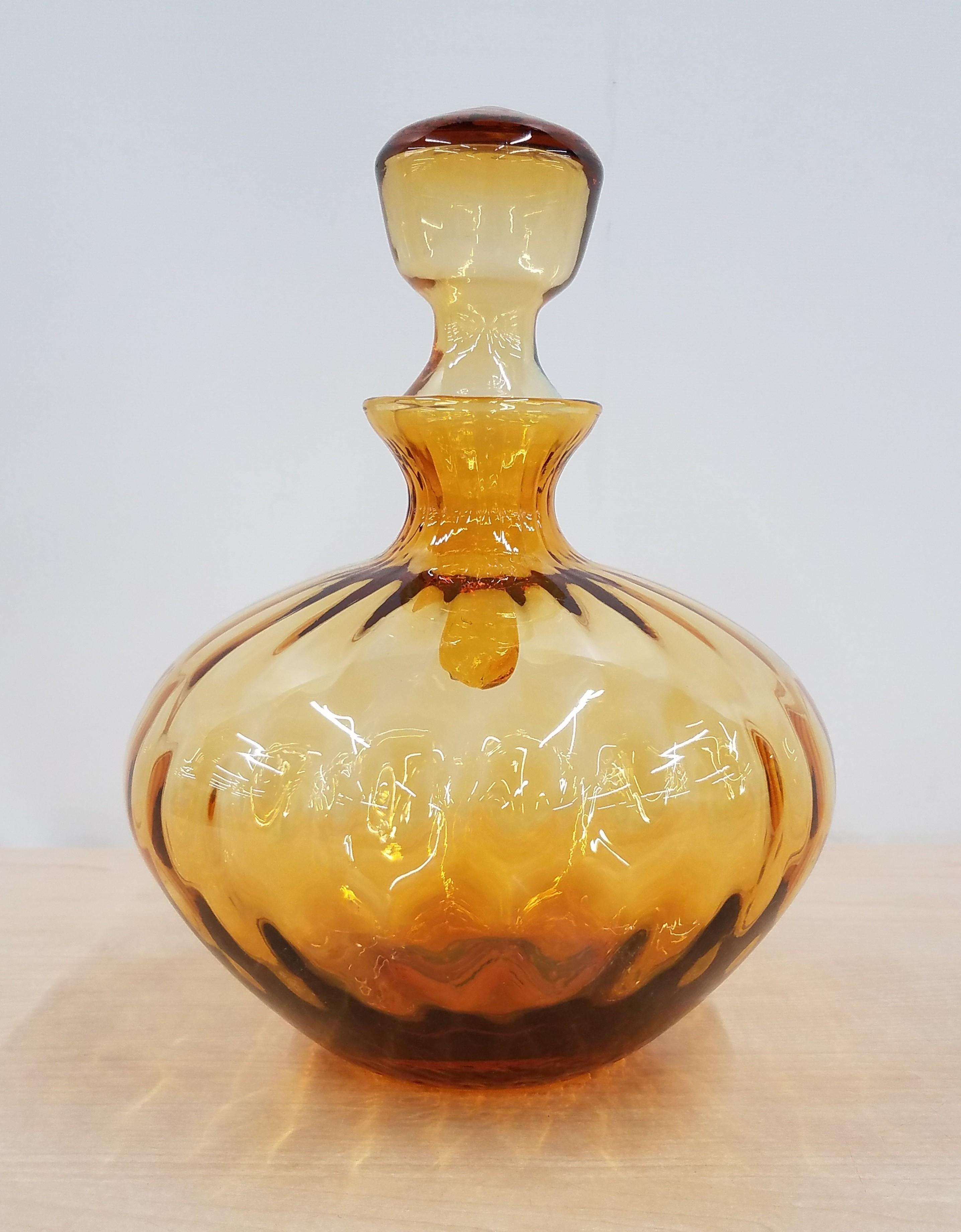 11" Tall Hand Blown Amber Glass Decanter w/ Stopper