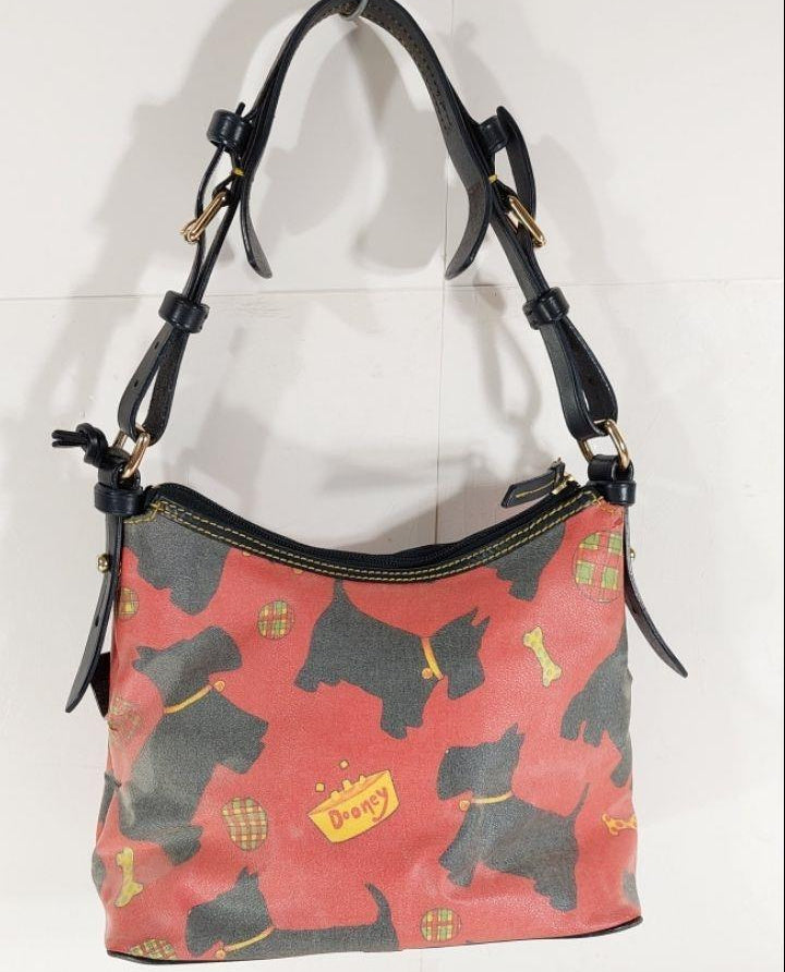 Dooney & Bourke Red Coated Canvas Scottie Black Leather Trim Dog Handbag Purse
