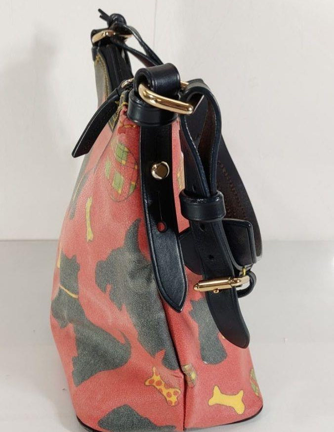 Dooney & Bourke Red Coated Canvas Scottie Black Leather Trim Dog Handbag Purse