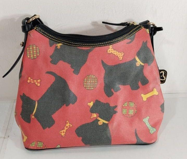Dooney & Bourke Red Coated Canvas Scottie Black Leather Trim Dog Handbag Purse