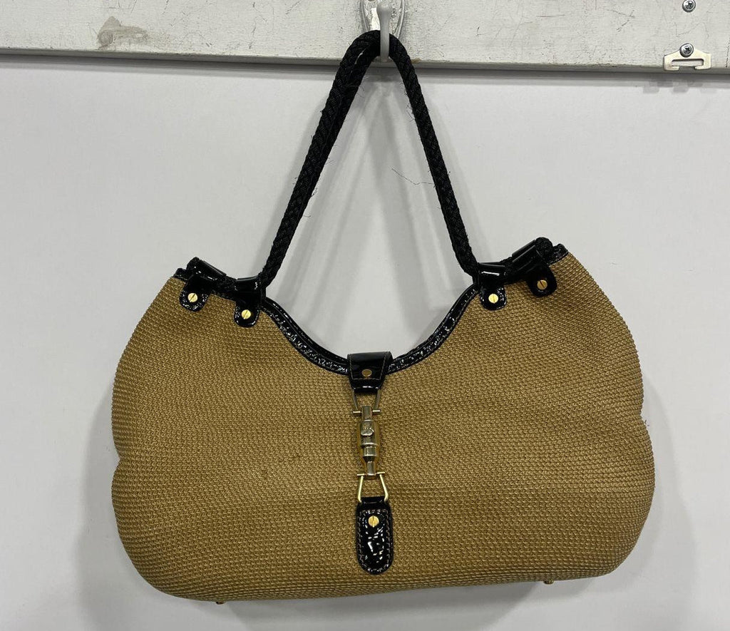 Eric Javits Womens Shoulder Handbag Brown Black Woven Straw Purse Red Lining