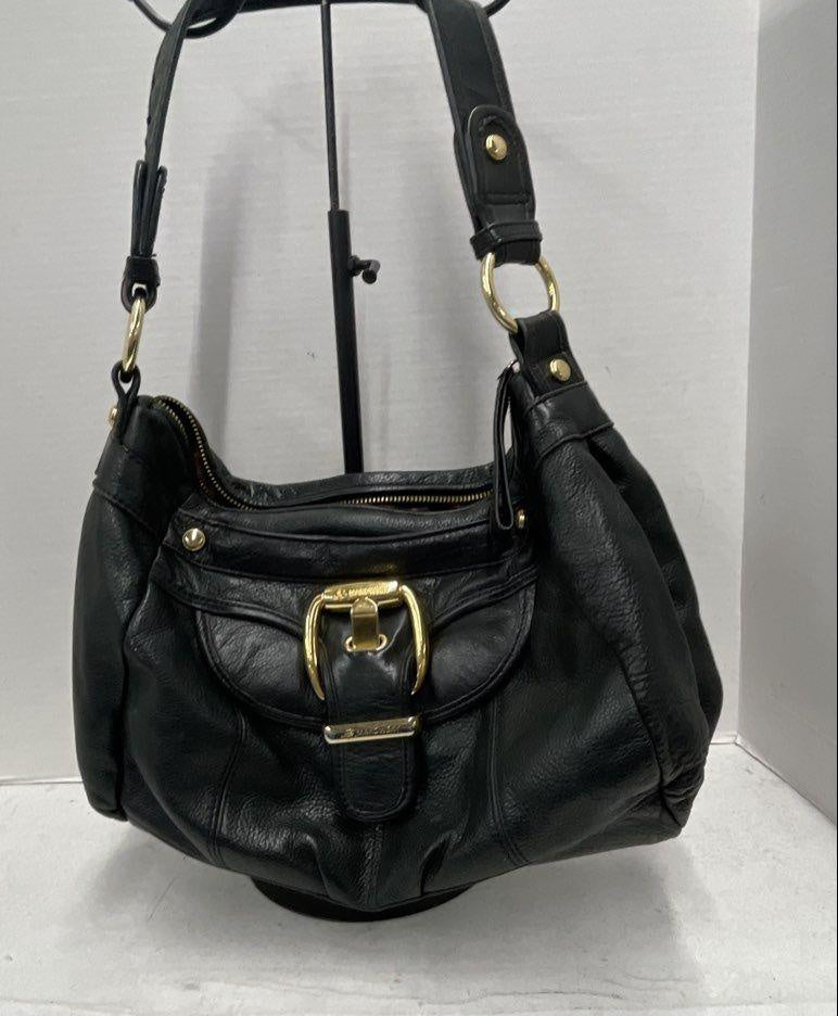 B Makowsky Black Leather Hobo Shoulder Bag Gold Hardware