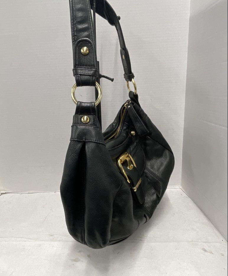 B Makowsky Black Leather Hobo Shoulder Bag Gold Hardware