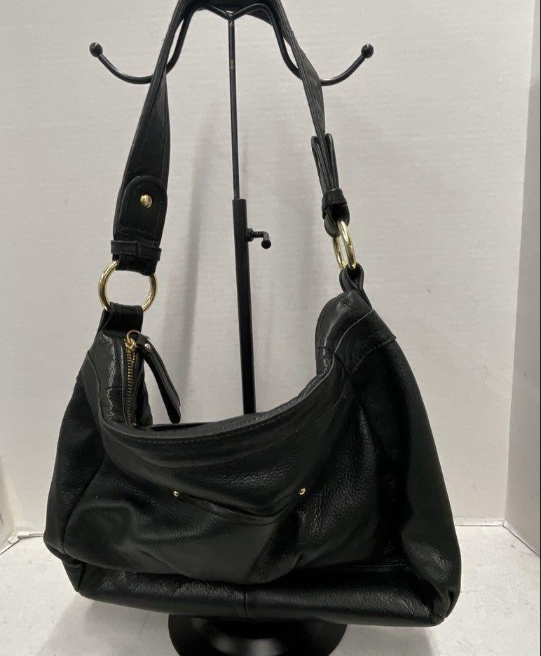B Makowsky Black Leather Hobo Shoulder Bag Gold Hardware