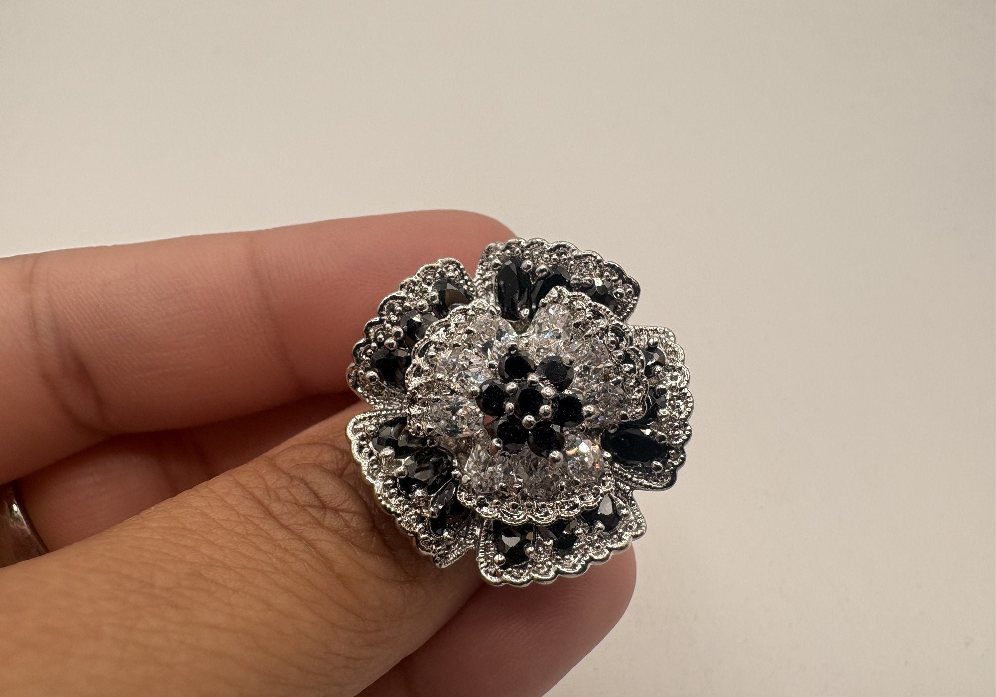 Vintage Nolan Miller Black and Clear Rhinestone Statement Ring