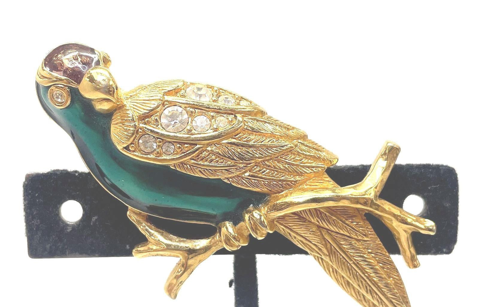 Gold Tone Green Enamel Avon Parrot Brooch w/Rhinestones 22.7g