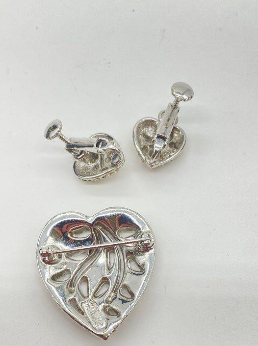 HEDY Vintage Silver-Tone Clear Rhinestone Heart Brooch & Screw-Back Earring Set
