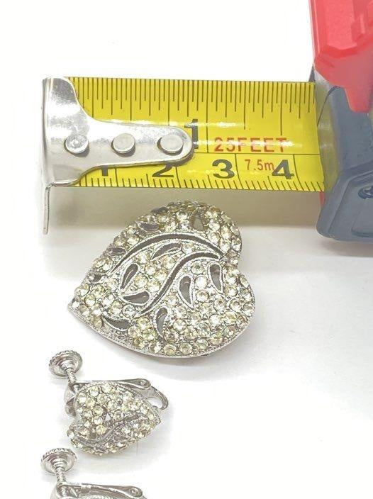 HEDY Vintage Silver-Tone Clear Rhinestone Heart Brooch & Screw-Back Earring Set