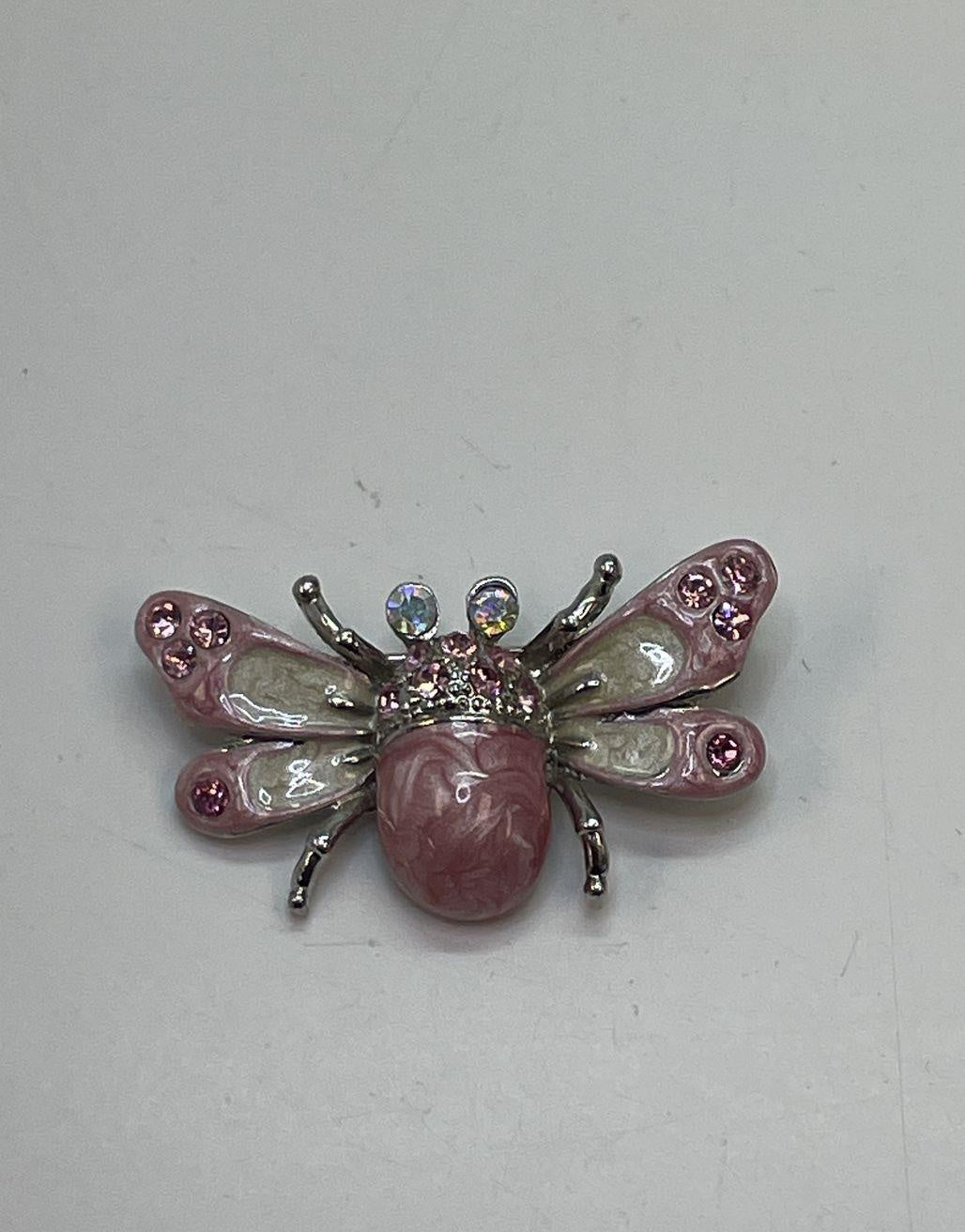 Silver Tone Pink & Cream Enamel Rhinestone Fly Brooch 10.9g