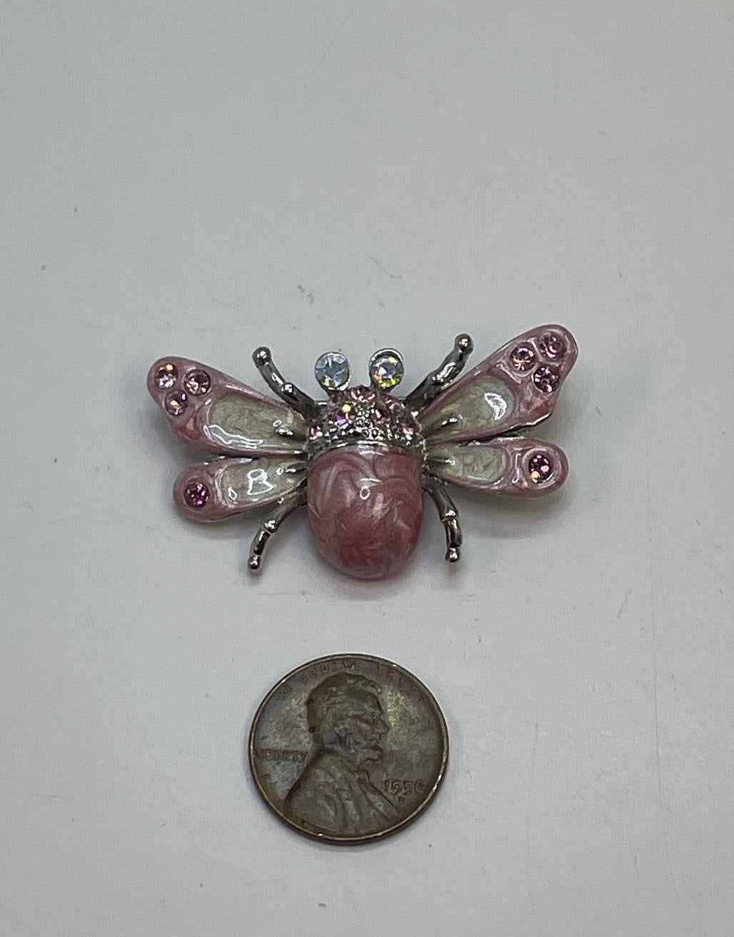 Silver Tone Pink & Cream Enamel Rhinestone Fly Brooch 10.9g