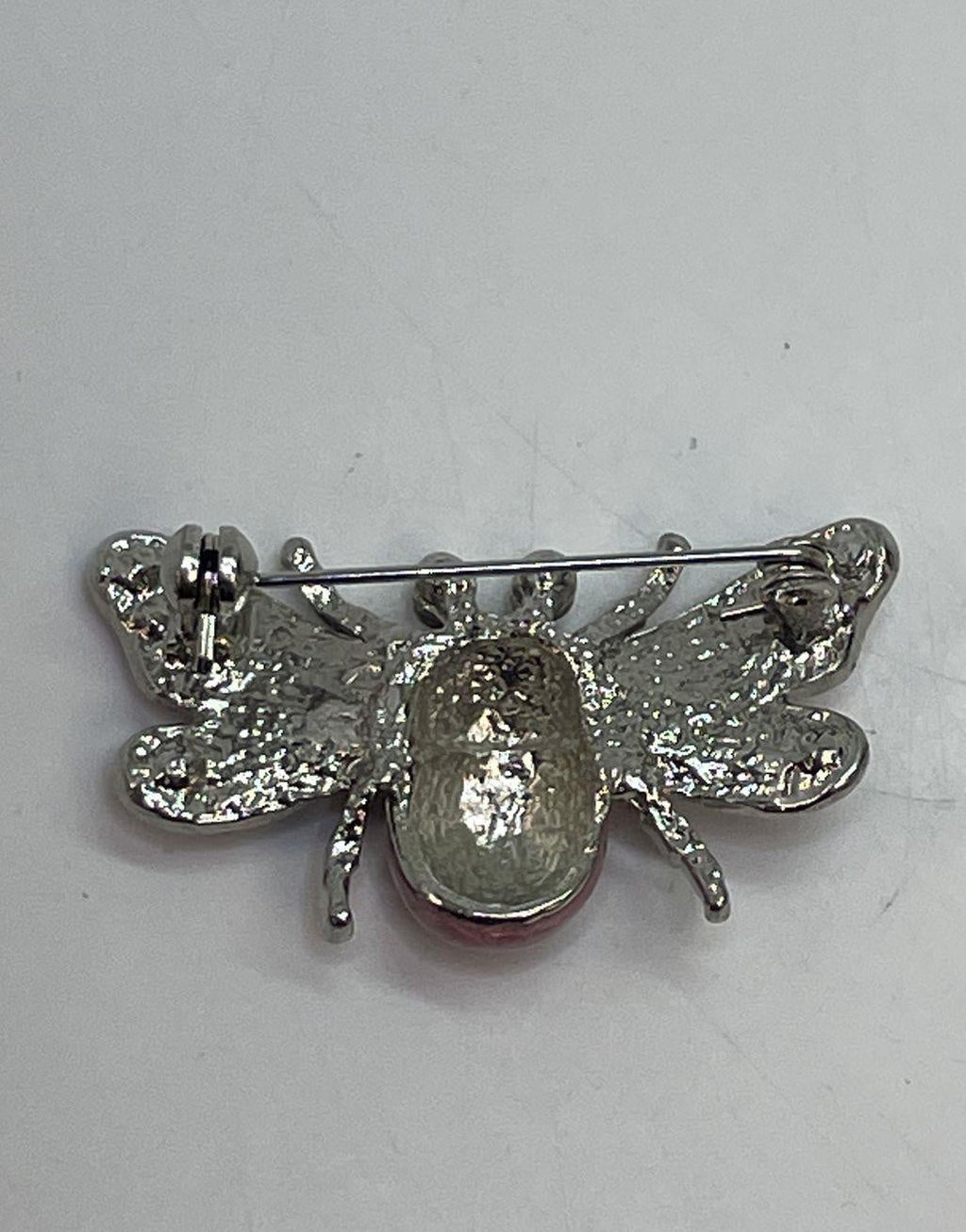 Silver Tone Pink & Cream Enamel Rhinestone Fly Brooch 10.9g