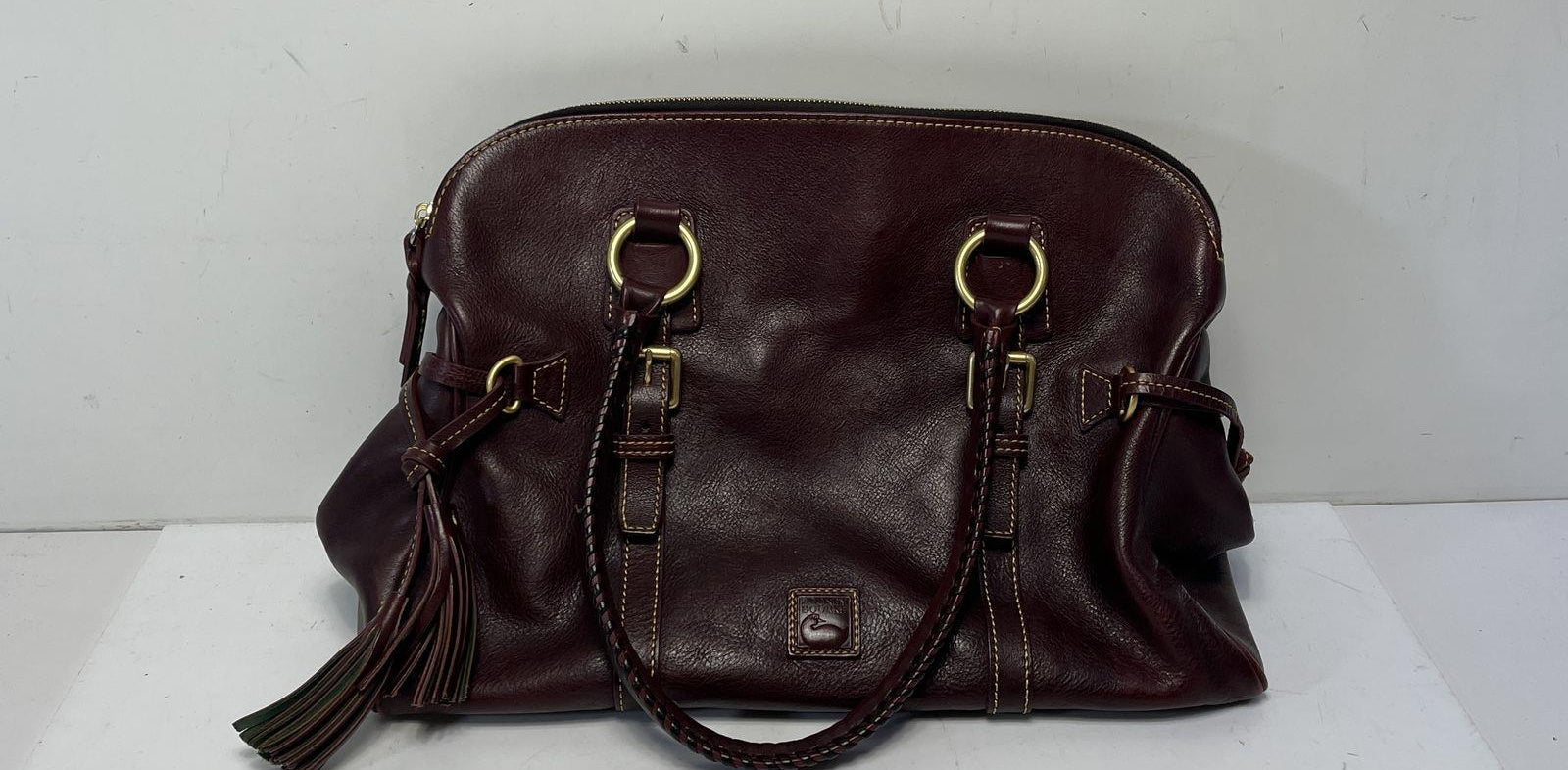 Dooney & Bourke Burgundy Pebbled Leather Satchel with Braided Handles