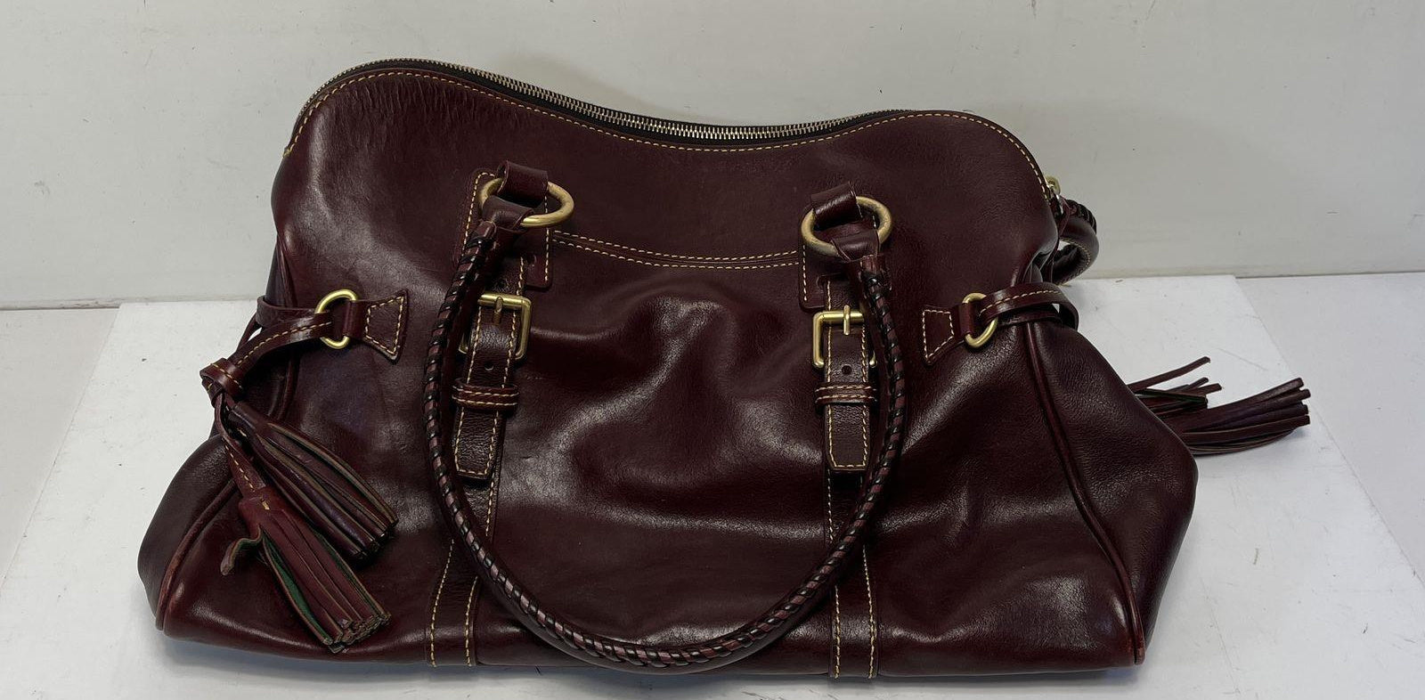 Dooney & Bourke Burgundy Pebbled Leather Satchel with Braided Handles