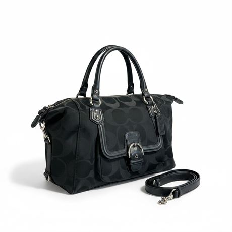 Coach Signature Black Satin & Leather Satchel Handbag, 15 x 12 x 5 [C769]