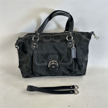 Coach Signature Black Satin & Leather Satchel Handbag, 15 x 12 x 5 [C769]