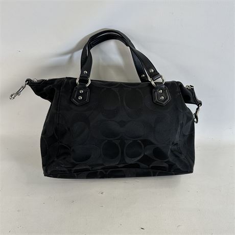 Coach Signature Black Satin & Leather Satchel Handbag, 15 x 12 x 5 [C769]