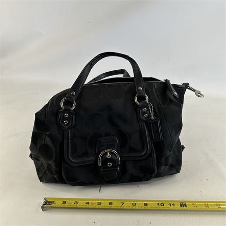 Coach Signature Black Satin & Leather Satchel Handbag, 15 x 12 x 5 [C769]