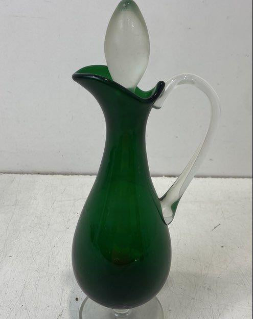 Vintage Emerald Green Glass Cruet Decanter with Clear Handle and Stopper