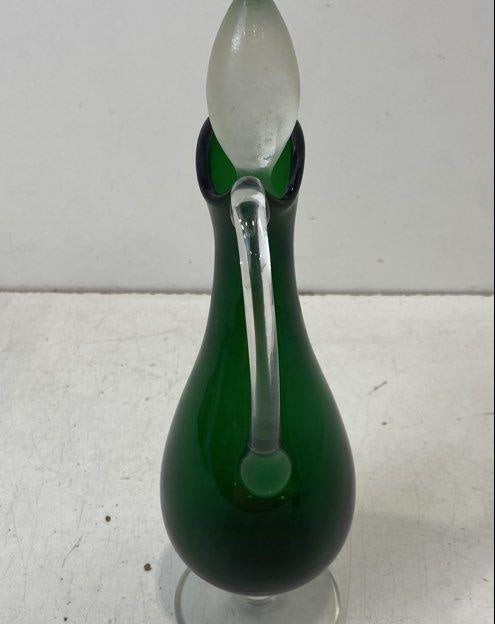 Vintage Emerald Green Glass Cruet Decanter with Clear Handle and Stopper