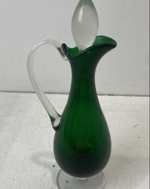 Vintage Emerald Green Glass Cruet Decanter with Clear Handle and Stopper
